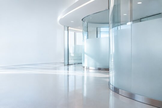Modern Minimalist Hospital Corridor with Curved Glass Partition Wall and Bright Interior