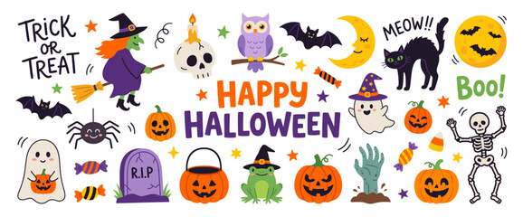 Fototapeta premium Happy Halloween banner and set with pumpkin witch ghost and skeleton