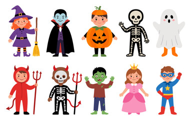 Halloween kid costume set with witch vampire skeleton ghost zombie and pumpkin © Artem