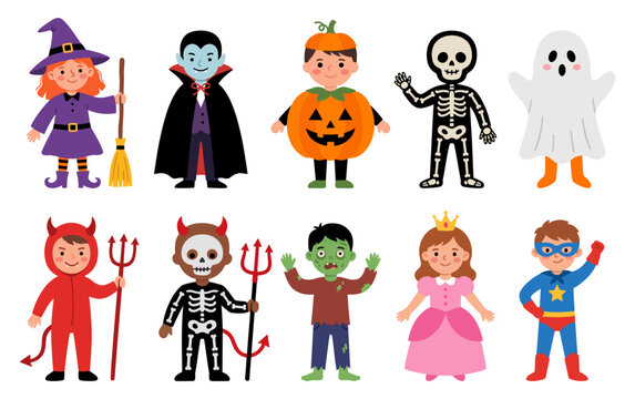Halloween kid costume set with witch vampire skeleton ghost zombie and pumpkin