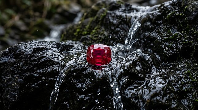Faceted red ruby gemstone resting on wet, mossy dark rocks in flowing water