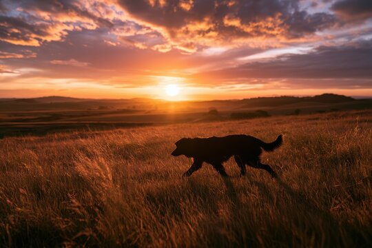 Lonely stalking dog silhouette: border collie in stealthy stance through a grassy field at dusk