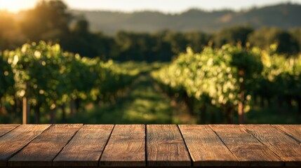 Naklejka premium Empty wooden table surface in front of blurred green vineyard rows under warm golden light in summer. Space for product display is available.