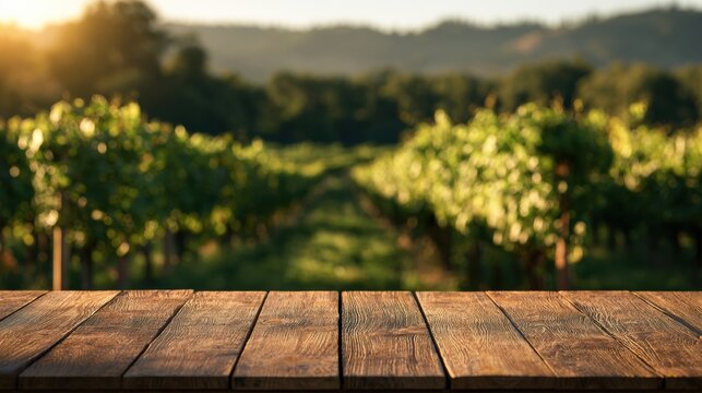 Empty wooden table surface in front of blurred green vineyard rows under warm golden light in summer. Space for product display is available.
