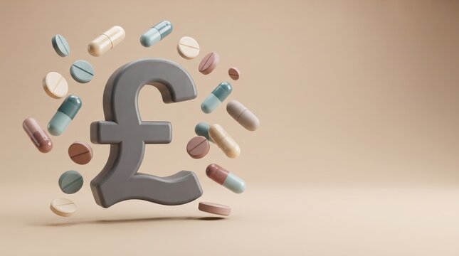 Pound sterling symbol surrounded by various pills and capsules. Representing the rising costs of healthcare, medicine, and pharmaceutical expenses in the UK.