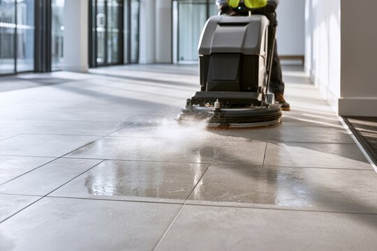 Bright, clean tile floors being scrubbed by a cleaning machine in a commercial space