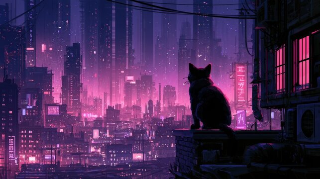 A cat sits on a rooftop in an urban area at night. It looks out over city lights and neon signs with a pink and purple glow in the background.