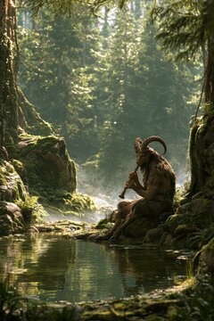 Enchanted grove scene with a horned faun by a calm pond, surrounded by dense greenery