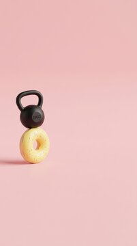Black 5kg kettlebell standing on a yellow sprinkled donut against a pink background. Exercise weight and sweet treat pairing. Fitness versus junk food concept. Healthy lifestyle choice.