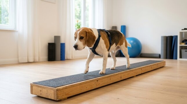 Beagle in harness walking on wooden balance beam during canine physiotherapy session. Dog rehabilitation and mobility training in therapy room with exercise ball. Animal physical therapy.