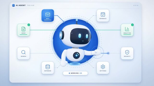 AI agent robot completing tasks in an automation hub dashboard, seamless loop animation