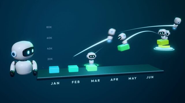 Robot team stacking blocks into a bar chart showing monthly business growth with a rising arrow
