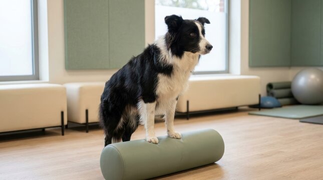 Border collie balancing on green foam roller in bright therapy room. Canine physiotherapy and rehabilitation exercise. Dog fitness, balance training and physical therapy concept.