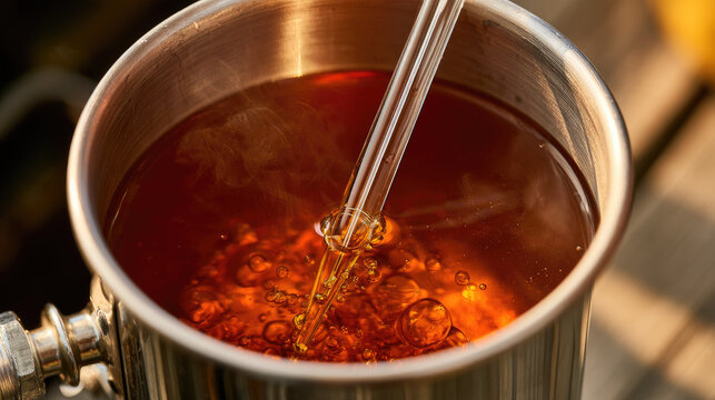 Maple syrup hydrometer boiling close up macro shot of clear glass hydrometer floating in rich golden amber syrup inside stainless steel test cup, steam bubbles rising under morning daylight