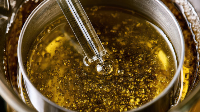 Maple syrup hydrometer floating in boiling golden amber syrup inside stainless steel cup, with tiny steam bubbles and bright natural daylight creating authentic artisanal production scene