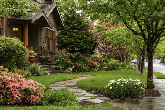 Cozy Northwest home exterior with healthy lawn, blooming shrubs, and inviting porch