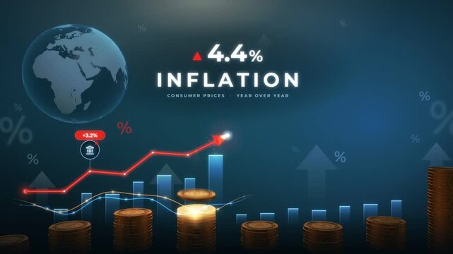 Inflation rate chart rising to 8.6 percent with red arrow, coin stacks and consumer price icons