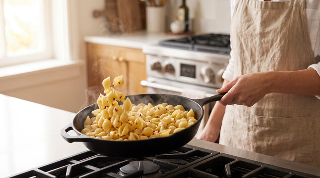 Skilled cook tossing fresh pasta shells in cast iron skillet on gas stove