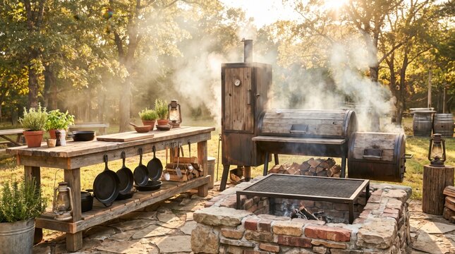 Rustic outdoor barbecue kitchen station with cast iron pans and wood smoker
