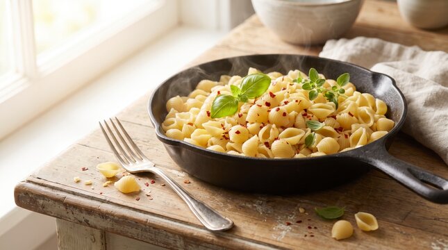 Rustic pasta shells skillet plated with basil on weathered wooden table