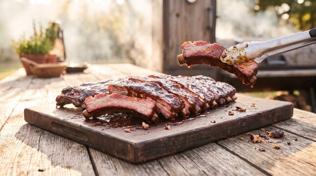Glazed smoked barbecue ribs lifted by tongs from sliced rack on wood board