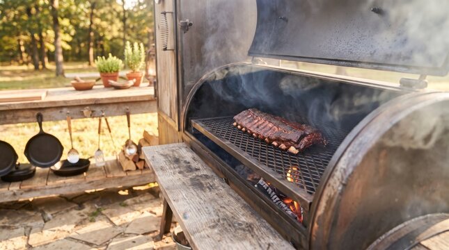 Smoked barbecue ribs slowly cooking on grill grate inside rustic wood smoker