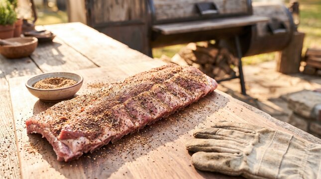 Raw seasoned rack of ribs coated in dry rub on rustic wooden cutting board