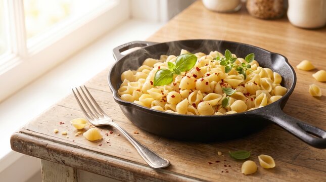 Rustic pasta shells skillet plated with fork on weathered wooden table
