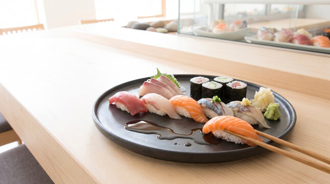 Fresh sashimi and nigiri platter with soy sauce on wooden restaurant counter