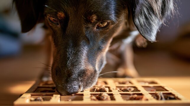 Close-up of a focused dog solving a brain-training puzzle to find dried treats