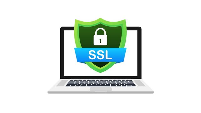 SSL protection shield icon animation on a laptop screen