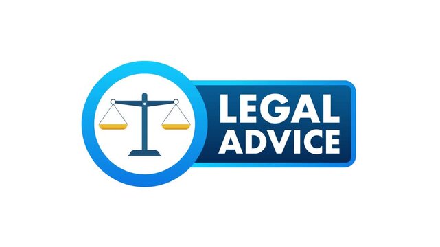 Legal advice blue button with scales of justice icon animation