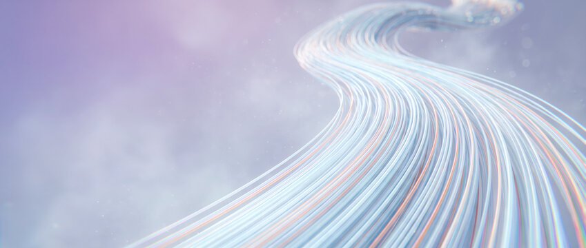 Ethereal light strands flowing gently through soft pastel atmospheric haze