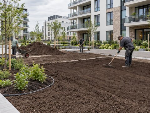 Workers prepare soil in a residential landscape area for planting and gardening activities during daytime in a modern apartment complex