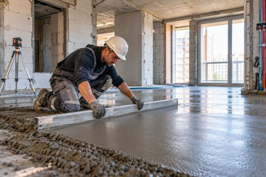 Worker levels cement floor inside a building under construction in a city environment