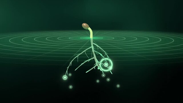 Seed germinating with glowing roots under a holographic grid, sprouting leaves beside a rising bar chart