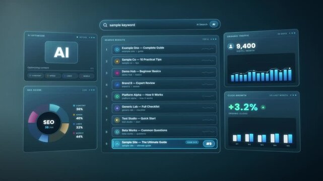 Search ranking rising to number one with AI SEO optimization, organic traffic and click growth charts