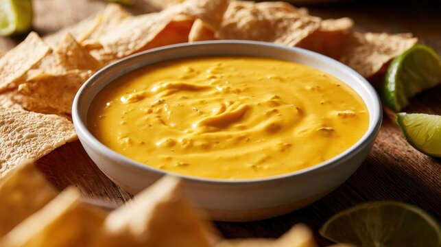 Homemade yellow queso dip with tortilla chips and lime on a rustic wooden table