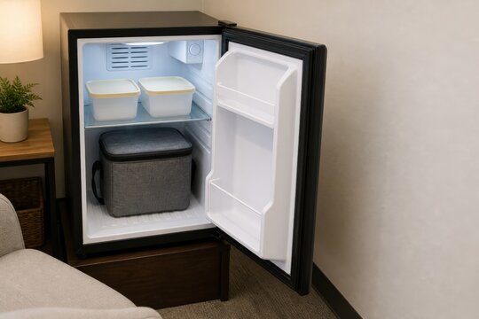 Workplace lactation room mini fridge with sealed containers beside a closed cooler bag
