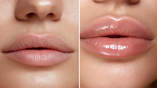Close-up beauty study: lip fullness progression from natural to enhanced in a single frame