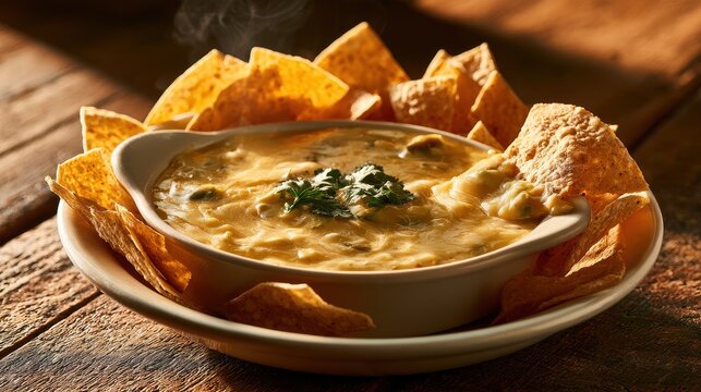 Creamy hot queso dip with crispy tortilla chips arranged on a rustic plate, cozy kitchen scene