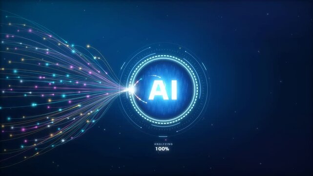 AI data analytics core converting particle streams into bar, radar, ring and growth line charts