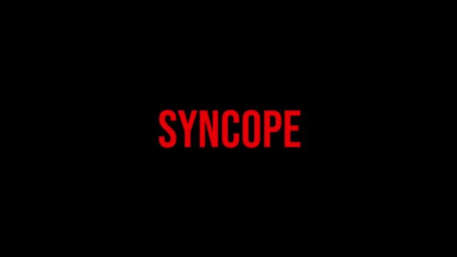 Red SYNCOPE animated text on a black background, representing fainting, temporary unconsciousness, dizziness, medical symptoms, and sudden loss of awareness.