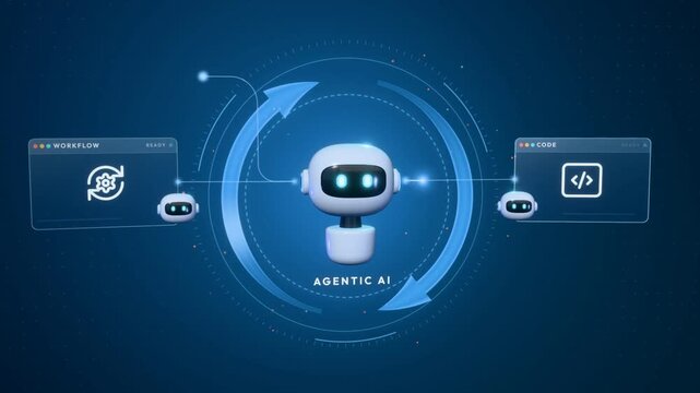 Robot AI agent orchestrating mini agents on workflow, code, search and docs tasks inside rotating cycle arrows