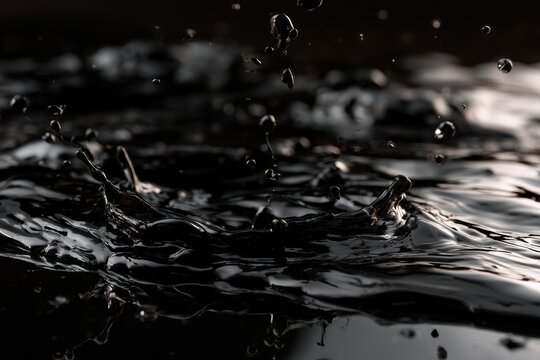 Close-up of tar droplets dispersing on a dark oil surface under dramatic high-contrast lighting