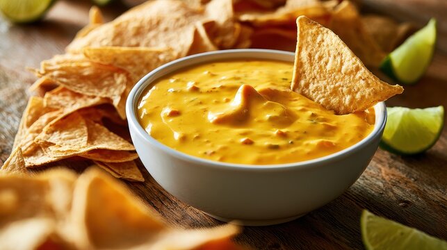 Creamy queso cheese dip served with crisp tortilla chips and lime wedges in a cozy kitchen scene
