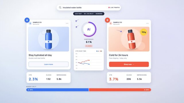 A/B test of two sponsored product ads, AI confidence rises and the winning variant takes the full budget