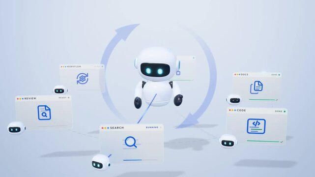 Cute white robot AI agent linked to mini helper bots and floating task windows, seamless loop