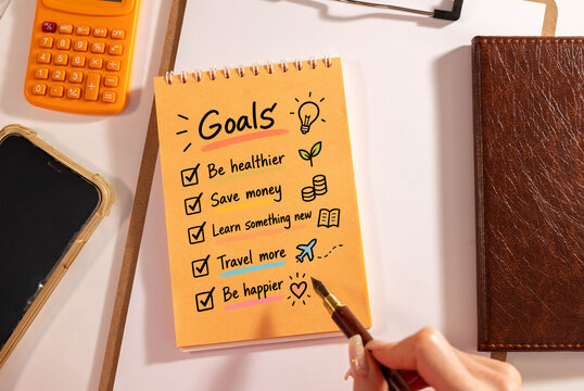Goals Checklist for Personal Growth Health Savings Learning Travel and Happiness.