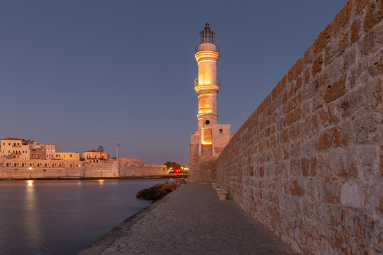 Venetian Lighthouse in Chania Before Sunrise, Crete, Greece